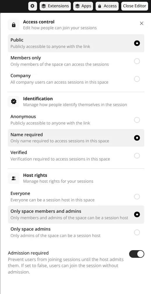 Access Controls Session Editor