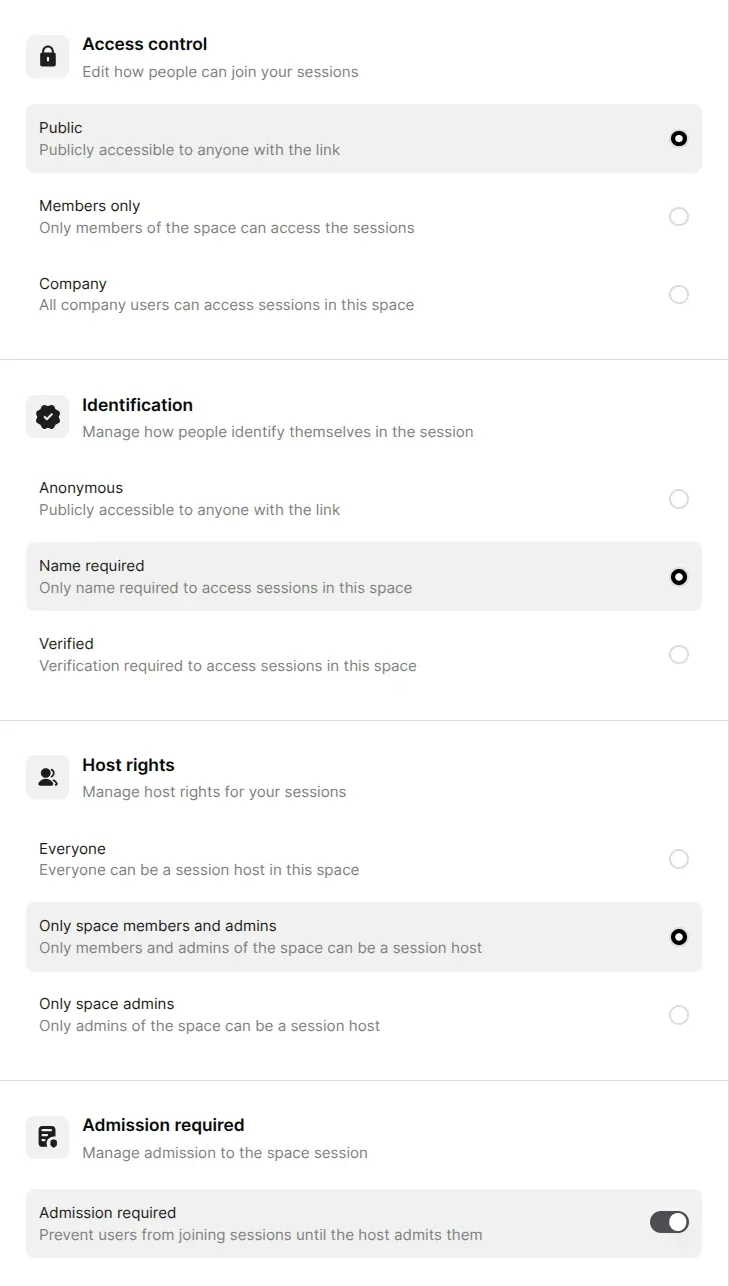 Access Controls Space Settings Page