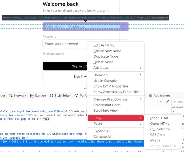 Screenshot of using a web inspector the Webfuse Studio Sign in page