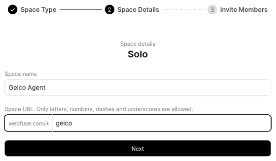 Screenshot of the Webfuse Studio Space name configuration page